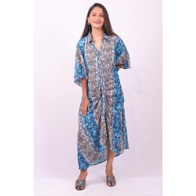Abstract Print Long Pleated Kaftan Dress