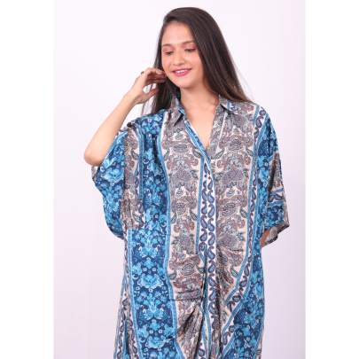 Abstract Print Long Pleated Kaftan Dress