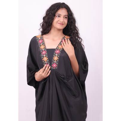 Black Embroidered Neck Kaftan with Pant Crepe Silk