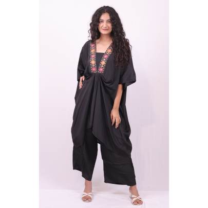 Black Embroidered Neck Kaftan with Pant Crepe Silk