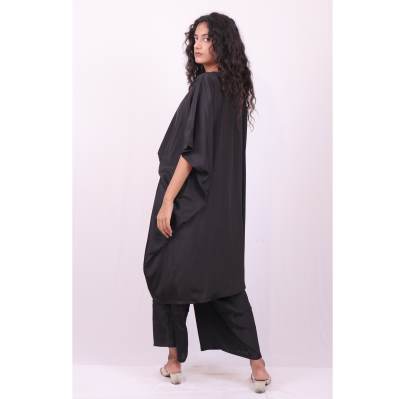Black Embroidered Neck Kaftan with Pant Crepe Silk