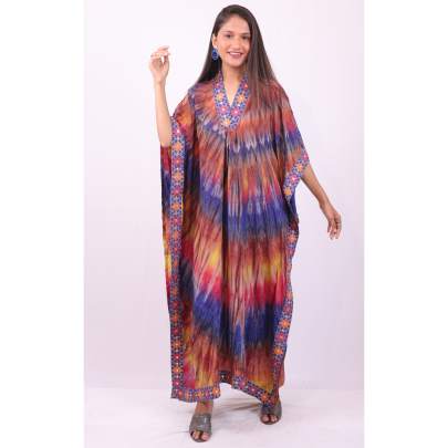 Long Tie Dye Embroidered Kaftan Dress