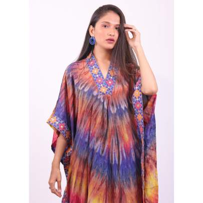 Long Tie Dye Embroidered Kaftan Dress