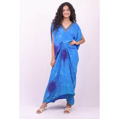 Tie Dye Embellished Neck Draped Kaftan