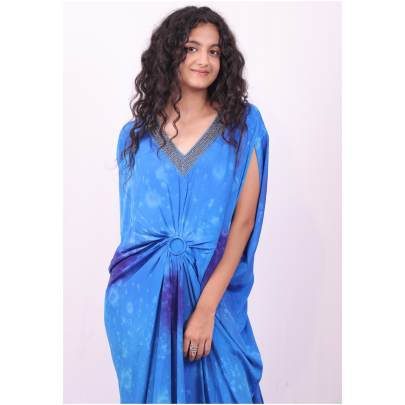 Tie Dye Embellished Neck Draped Kaftan