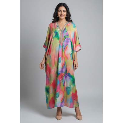 Abstract Print Embellished Crepe Silk Long Kaftan