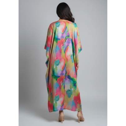 Abstract Print Embellished Crepe Silk Long Kaftan