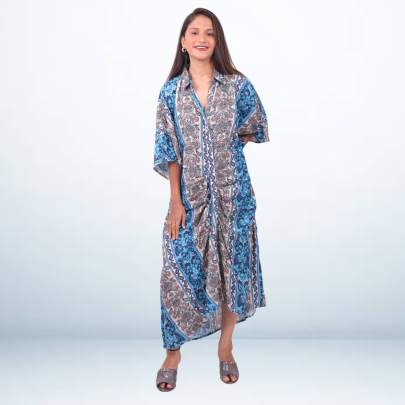 Abstract Print Long Pleated Kaftan Dress