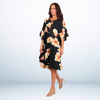 Black Allover Floral Print Short Kaftan