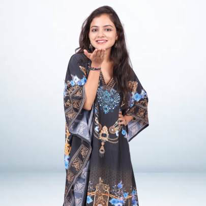 Black Digital Printed Short Kaftan Caftan