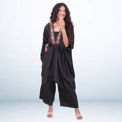 Black Embroidered Neck Kaftan with Pant Crepe Silk 