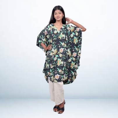 Black Floral Printed Short Kaftan for Women
