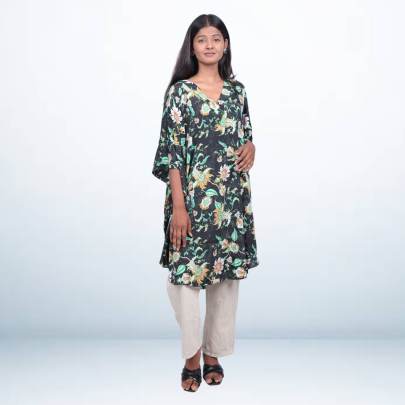 Black Floral Printed Short Kaftan for Women
