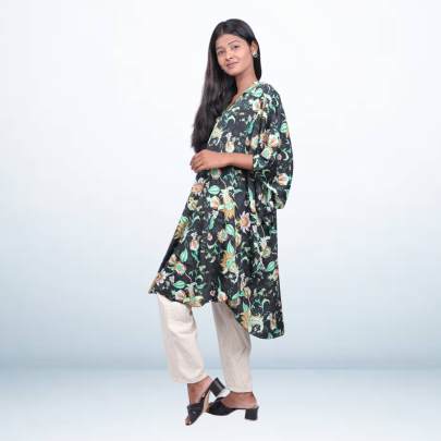 Black Floral Printed Short Kaftan for Women