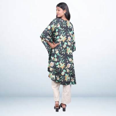 Black Floral Printed Short Kaftan for Women