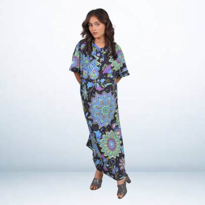 Black Geometrical Printed Long Kaftan Dress