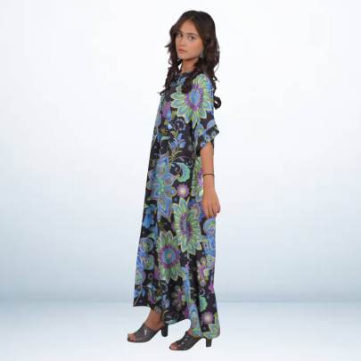 Black Geometrical Printed Long Kaftan Dress