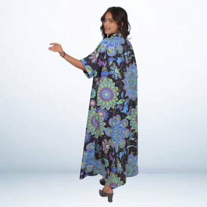 Black Geometrical Printed Long Kaftan Dress