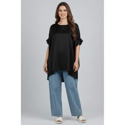 Black High Low Poncho Top with Cuff Sleeves