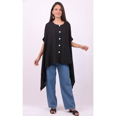 Black Poncho Shirt Top with Front Buttons