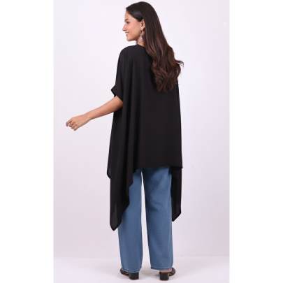 Black Poncho Shirt Top with Front Buttons