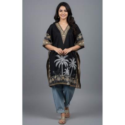 Black Printed V-Neck Kaftan Tunic