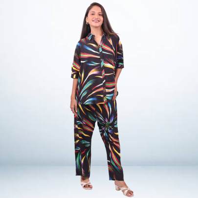 Black tropical printed Shirt Pant Cord set