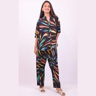 Black tropical printed Shirt Pant Cord set