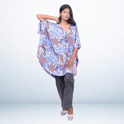 Blue Abstract Printed Drawstring Short Kaftan