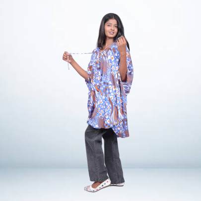 Blue Abstract Printed Drawstring Short Kaftan