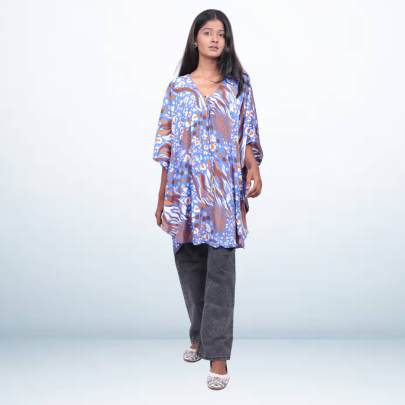 Blue Abstract Printed Drawstring Short Kaftan