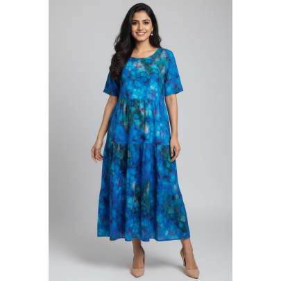 Blue Abstract Printed Tiered Long Dress – Kuberaa Fashions