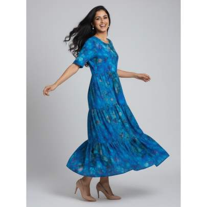 Blue Abstract Printed Tiered Long Dress – Kuberaa Fashions