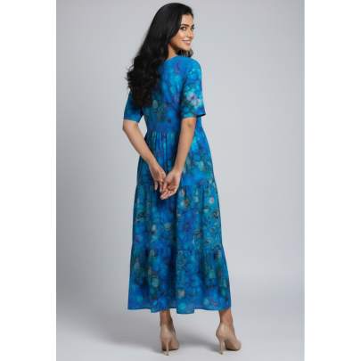Blue Abstract Printed Tiered Long Dress – Kuberaa Fashions