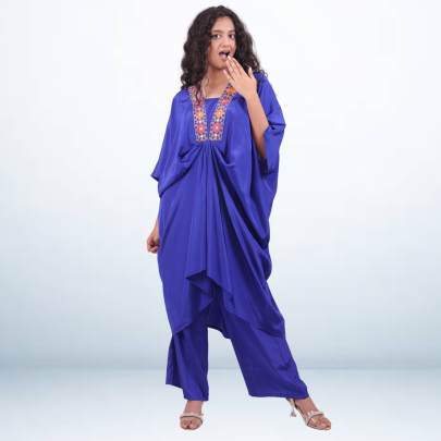 Blue Embroidered Neck Kaftan with Pant Crepe Silk 