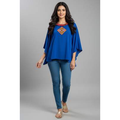 Blue Embroidered Poncho Top