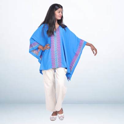 Blue Embroidered Short Kaftan for Women