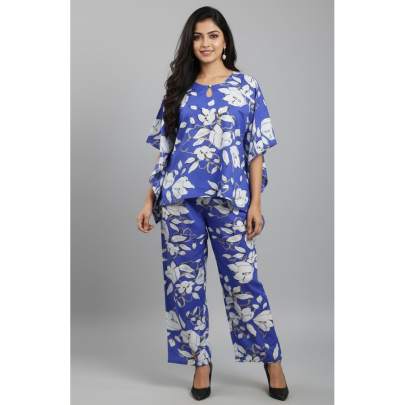 Blue Floral Printed Kaftan Top & Pant Co-ord Set