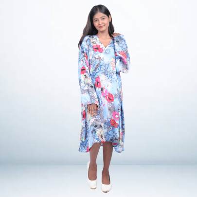 Blue Floral Printed Long Kaftan Dress 