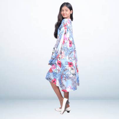 Blue Floral Printed Long Kaftan Dress