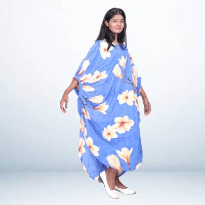 Blue Floral Printed Long Kaftan