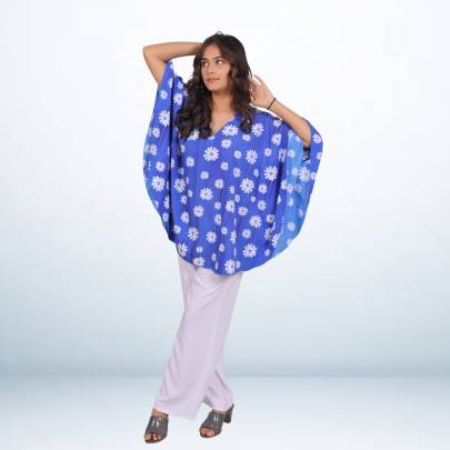 Blue Floral Printed Short Beach Tunic Kaftan
