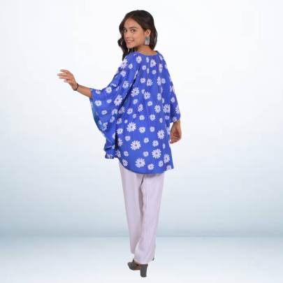 Blue Floral Printed Short Beach Tunic Kaftan