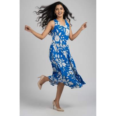 Blue Floral Sleeveless A Line Long Dress