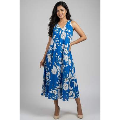Blue Floral Sleeveless A Line Long Dress