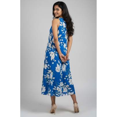 Blue Floral Sleeveless A Line Long Dress