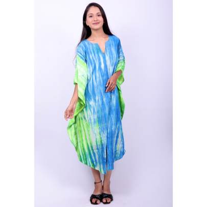 Blue Green Tie Dye Printed Long Kaftan