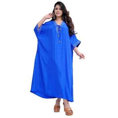 Blue Long Kaftan with Pockets V Neck