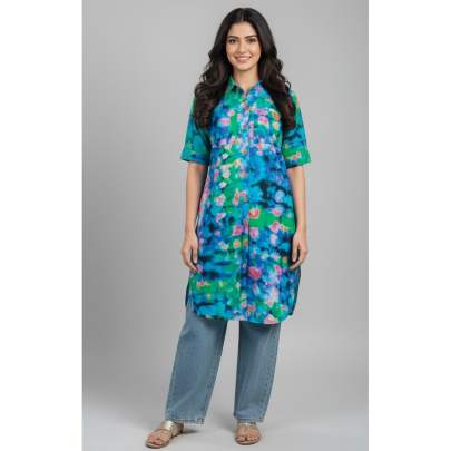 Blue Multi-Color Printed Short Sleeve Shirt Dress