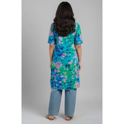 Blue Multi-Color Printed Short Sleeve Shirt Dress